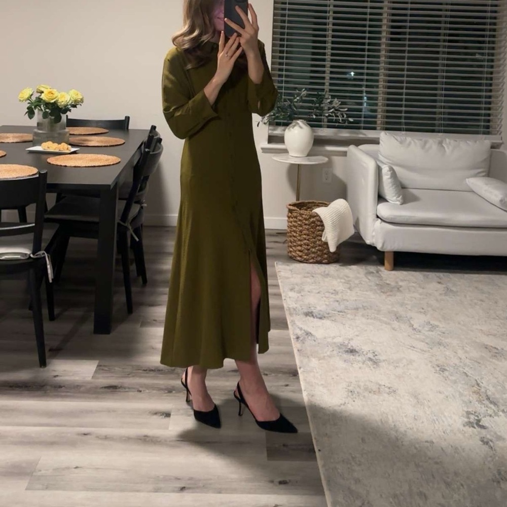 Halogen olive green button down midi dress